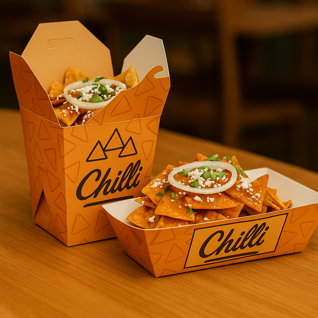 Charola y caja para chilaquiles con logotipo