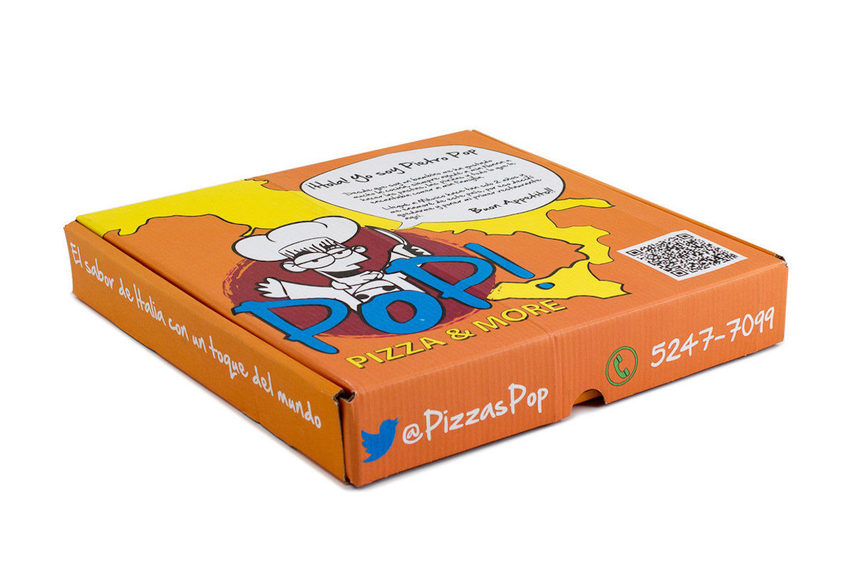 Caja para pizza impresa con logotipo y datos de su restaurante.