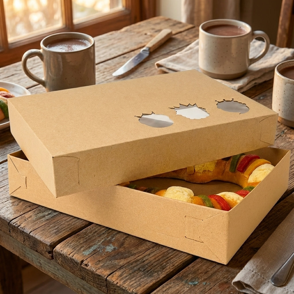 Caja de carton kraft con ventana para rosca de reyes