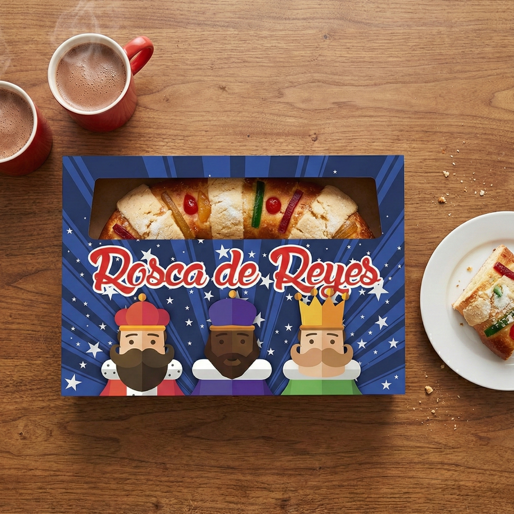 Caja para rosca de reyes y una rebanada de rosca de reyes