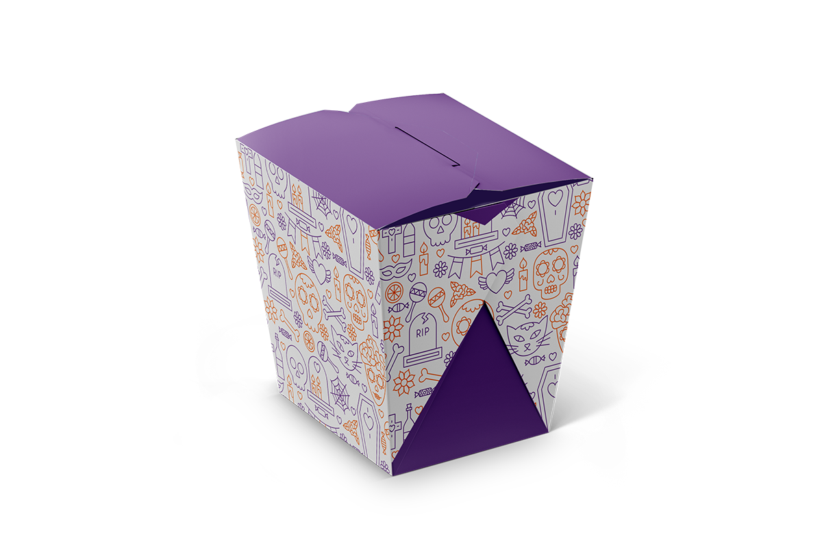 Caja para Comida China, Chilaquiles, Pasta o Ensaladas "Día de Muertos y Halloween" 26 oz, Interior Plastificado