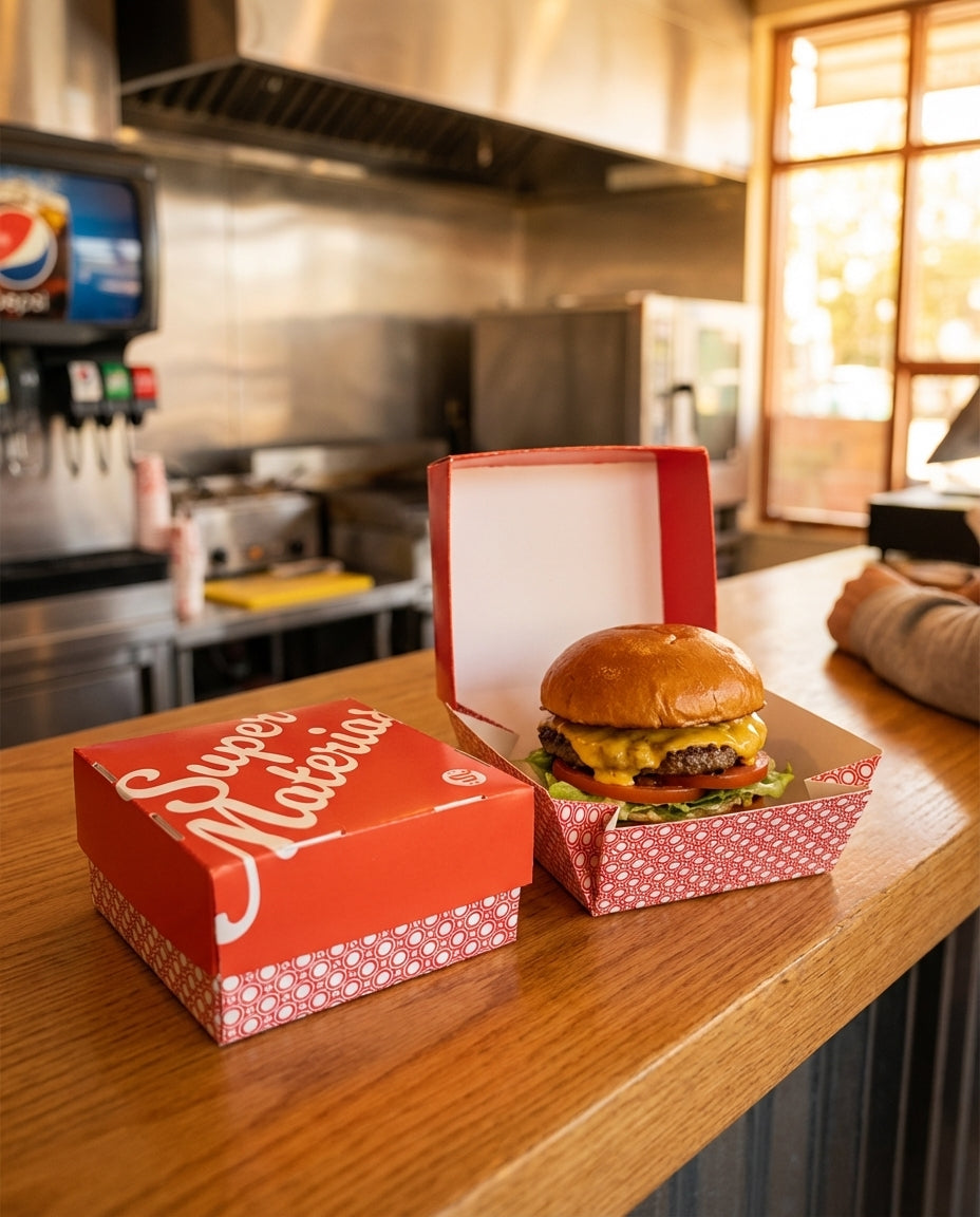 Dos hamburguesas en cajas de cartón con impresión personalizada