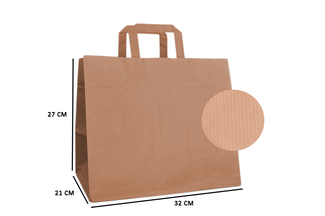 Bolsa de Papel con Asa Plana para Llevar Alimentos o Compras, Kraft Verjurado, Personalizada Logo 1 Color, 32 x 27 x 21 cm. (1,000 pzas.)