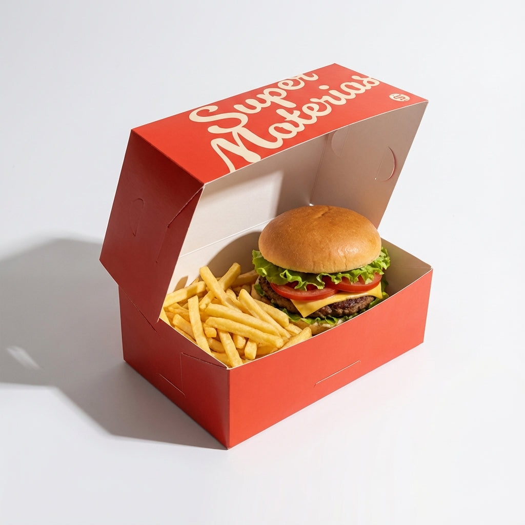 Caja de cartón personalizada, con hamburguesa y papas.