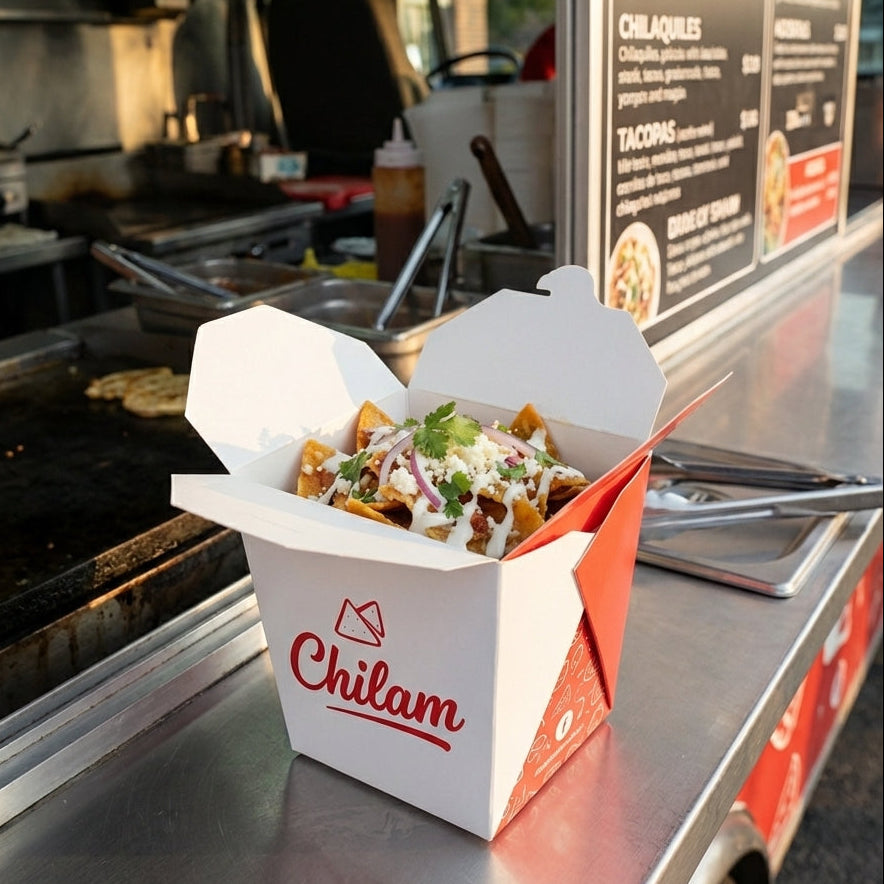 Caja de cartón con chilaquiles en un Food Truck