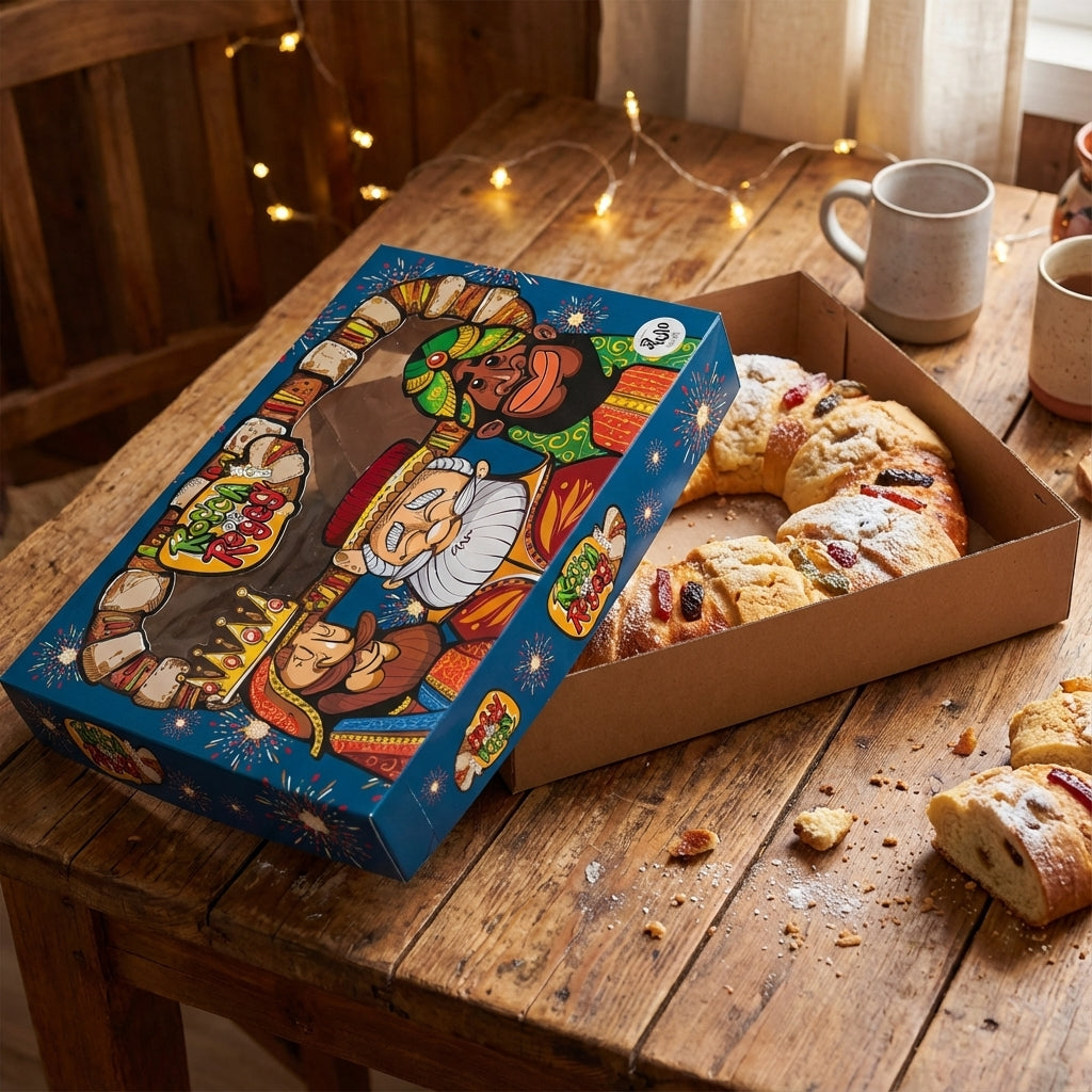 Caja para rosca de reyes impresa a todo color, con una rosca de reyes