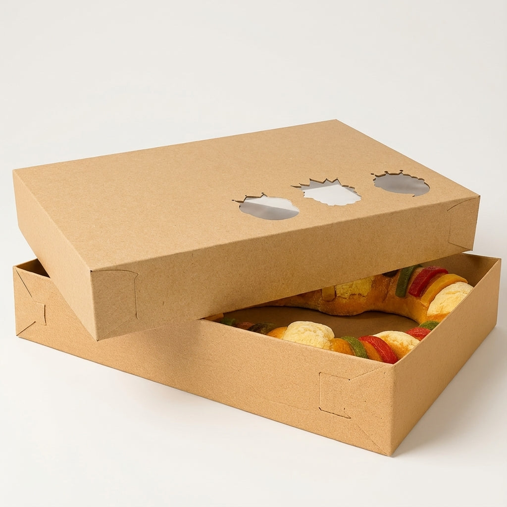 Caja de carton kraft con ventana para rosca de reyes 