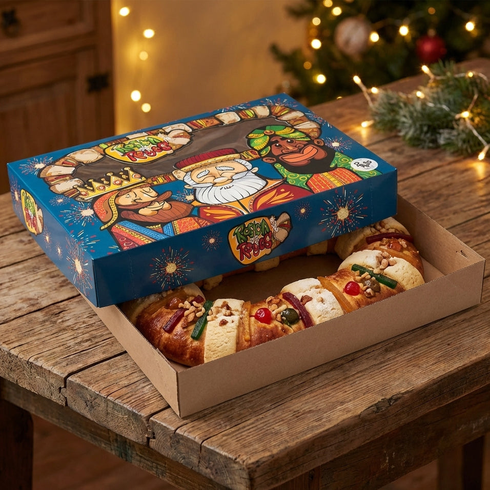 Caja para la rosca de reyes, con base de micro, corrugado, impresa todo color