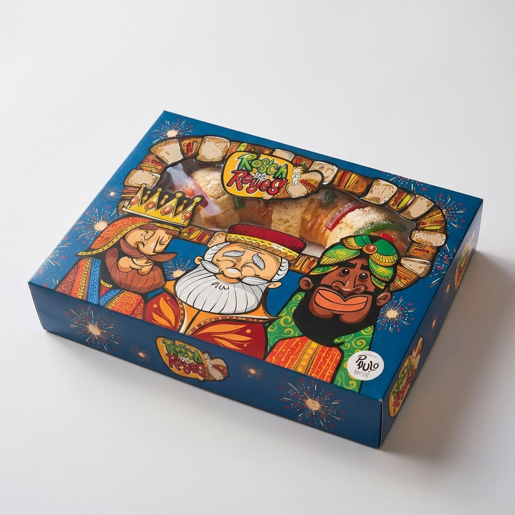 Caja para rosca de reyes con diseno a todo color