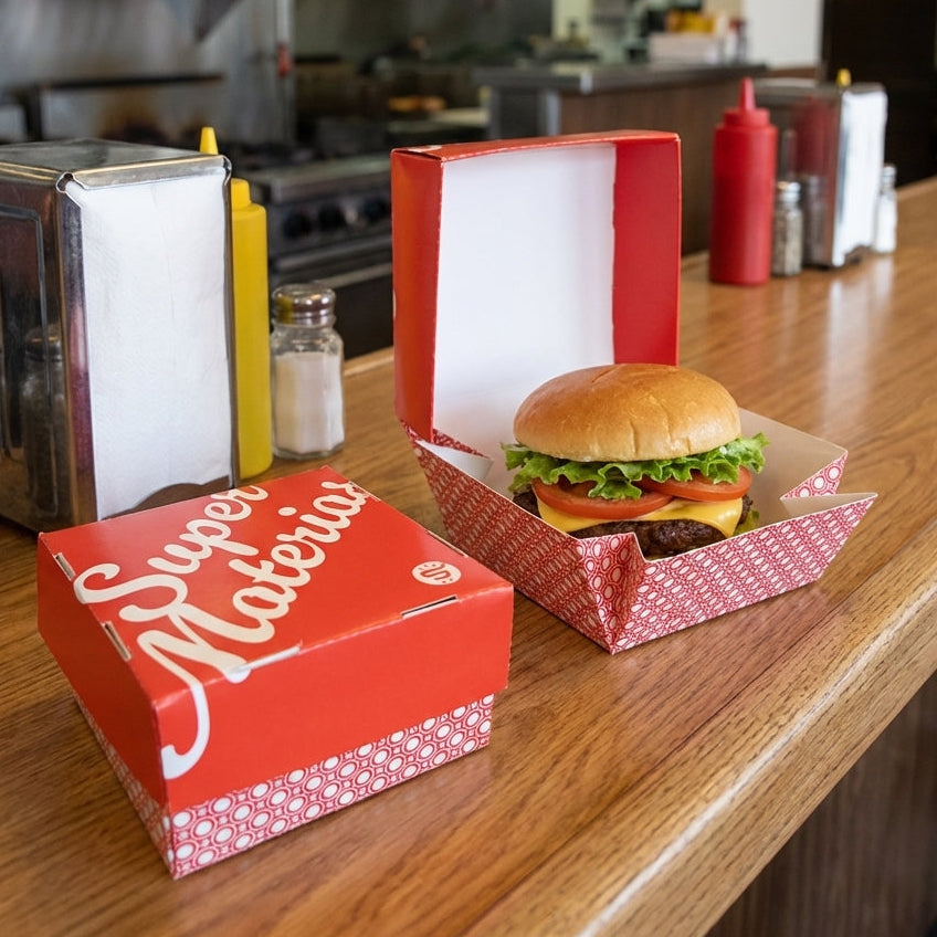 Caja para hamburguesa con impresión personalizada, en un restaurante de comida rápida