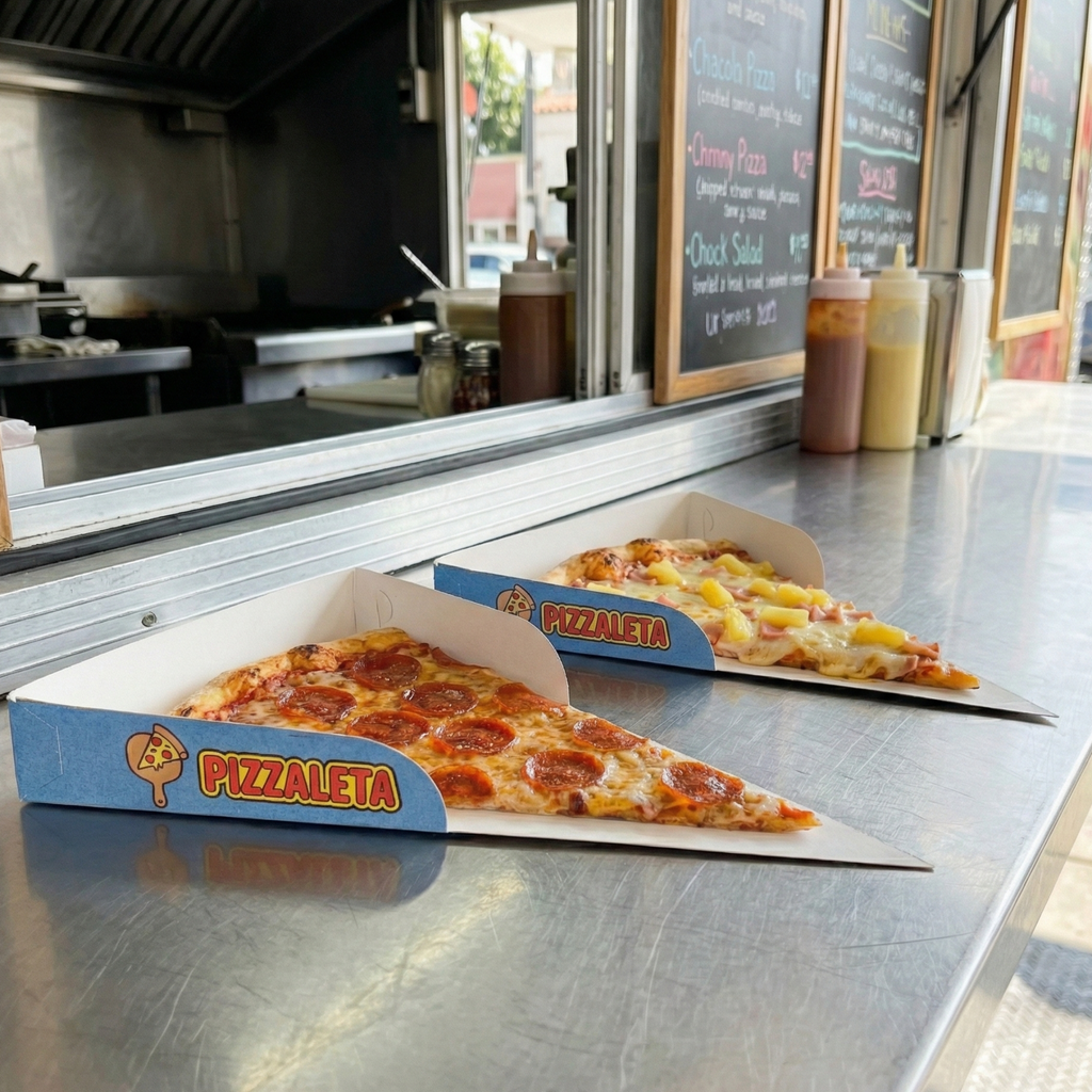 charolas de carton con pizza en un foodtruck