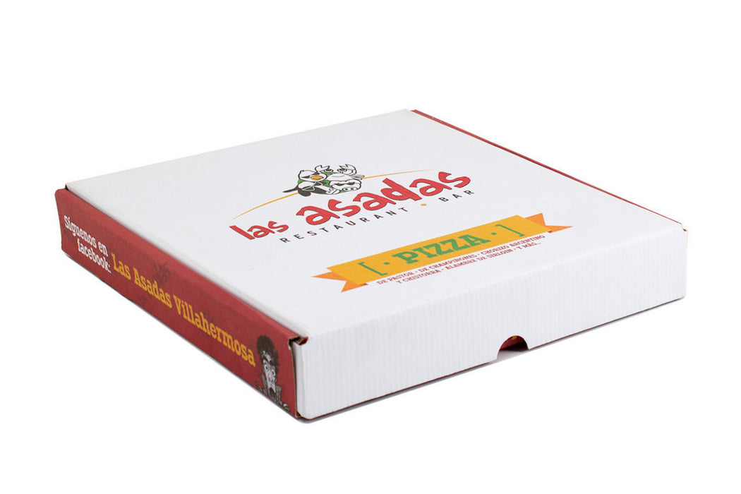 Caja para pizza impresa con logotipo y datos de su pizzeria.