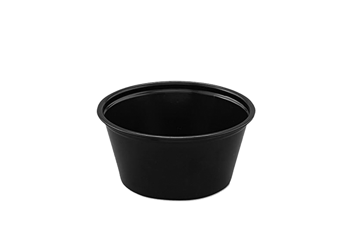 Vasito de Plástico Negro para Salsas y Aderezos, (Soufflé) Marca SOLO® (2,500 pzas.)